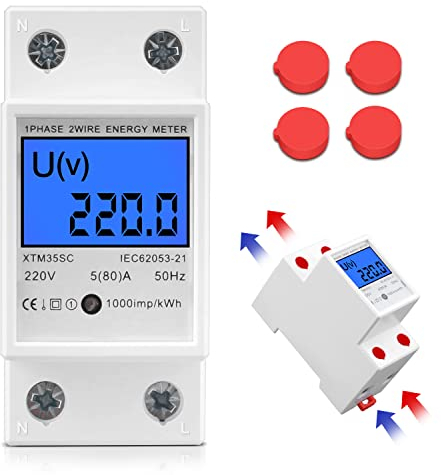 Aicharynic Compteur Électrique Monophasé, 50Hz 5 (80) A Compteur D'énergie Électrique, Compteur de Courant Alternatif avec Écran LCD Compteur Electrique 1 Phasé 2 Pôles Rail DIN Compteur KWh Montage
