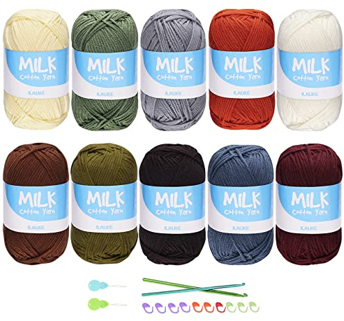 10 x 50g Crochet Yarn Knitting Wool, ilauke Colored Acrylic Yarn Set with Aluminum Crochet Hooks Stitch Markers, Double Knitting Yarn for Crochet Knitting and Crafts