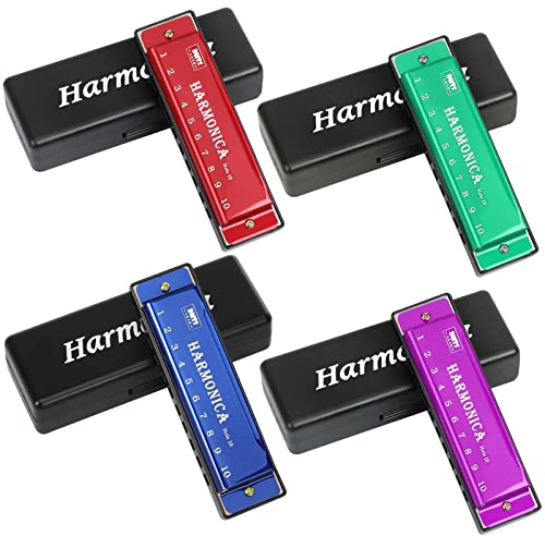 UPINS 4PCS Key of C 10 Hole 10 Tones Titanium Color Harmonica with Case for Beginner Students（Red, Blue, Green, Purple）