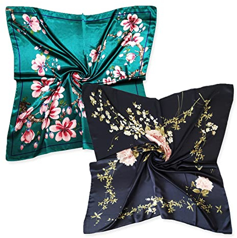 vabovin 35'' Womens Silk Scarf 2 Pack, Large Square Satin Hair Head Scarves Wraps Headscarf for Sleeping (Flower Navy Blue Green)