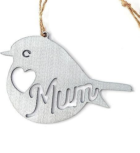 Steel Robin Hanging Ornament with Mum Heart – Gift for Mum, Home & Garden Decoration