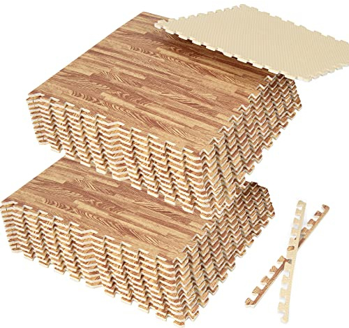 Giantex Foam Floor Tiles, 24 pcs Interlocking Foam Tiles with 48 Edge Pieces, 96 sq.ft Wood Grain Flooring EVA Puzzle Foam Mat for Playroom Basement Kitchen Farmhouse