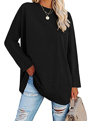 Ebifin Oversize Langarmshirt Damen Longshirt Rundhalsausschnitt Oberteil Langarm T Shirts Pullover Basic Tunika Tee Tops.Schwarz.M