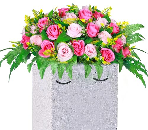 Lodou Artificial Cemetery Flowers, Artificial Silk Flower Arrangement,Artificial Rose Bouquet Grave Memorial Flowers with Headstone Flower Saddle for Graveyard Headstones Decoration (1, Pink and red)