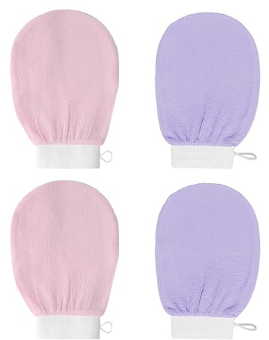 4 Piezas Limpieza Profunda de Poros Guante Exfoliante, Guante Exfoliante, Guante Exfoliante para Baño, Adecuado para Masajes, Ducha, Spa-Rosa Caramelo/Púrpura Lavanda