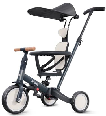 newyoo 5 in1 Laufrad Dreirad für Kleinkinder 1 Jahr bis 3 Jahre | Dreirad ab 1 Jahr mit schubstange und Baldachin | Lauffahrrad | Kinderdreirad mit Schubstange,TR009, Dunkelgrau