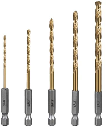 SALI Lot de 5 forets HSS à tige hexagonale 3,2-8 mm - Jeu de forets avec revêtement en titane - Changement rapide - Embout hexagonal 1/4 - Foret hélicoïdal pour bois, plastique, aluminium
