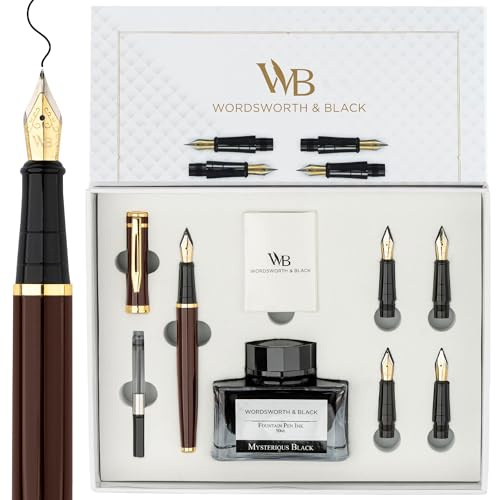 Wordsworth & Black Lyxreservpennpresentset, 6 Spetsar, Brun Guld | Reservpenna, Bläckflaska + 6 Bläckpatroner, Omvandlare, Dagboksskrivande, Present till Män & Kvinnor, Hög Kvalitet