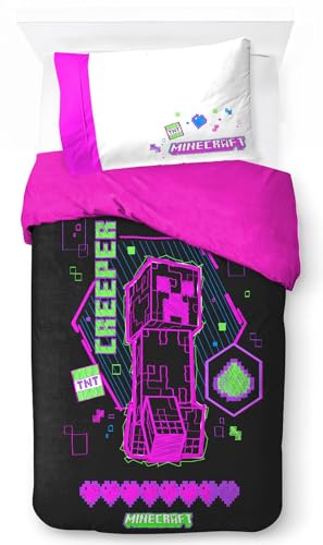 Jay Franco Minecraft Neon Creeper 100% Cotton Single Duvet Cover Set - Includes 50 x 70cm Pillowcase