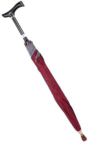 Wzmazingly 2-in-1 Spazierstöcke Regenschirm, Höhenverstellbar Gehstöcke Krücke Regenschirm, Windschutz-Rippen Stützschirm Für Draußen Klettern, Wandern(Red)