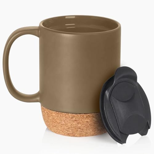 Taza de viaje de cerámica reutilizable con asa y tapa con cerradura y base de corcho a prueba de calor, a prueba de derrames y fugas, apta para refrigerador, resistente al calor, color moca