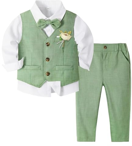 Volunboy Completo Elegante Bambino, Ragazzi Cerimonia Nozze Vestito 4 Pezzi Maniche Lunghe Camicie + Papillon + Gilet + Pantaloni (18-24 Mesi, Verde Foresta, Taglia 90)