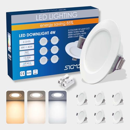SIGMALED LIGHTING - Spot LED encastrable 4W 360lm, IP44 étanche, Lumière sélectionnable Chaude 3000K Naturelle 4000K Froide 6000K, Trou Ø70-80mm, 220V-230V AC, SPOT LED extra plat, 6 pièces