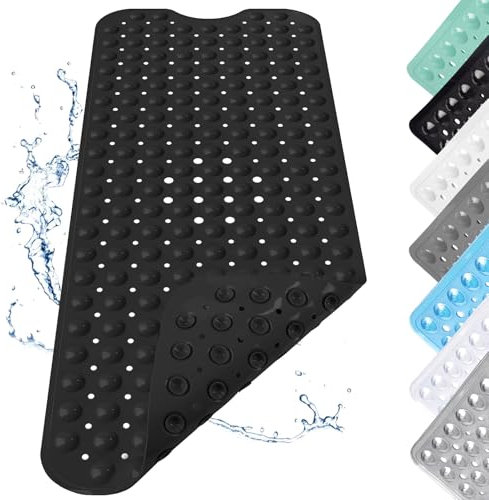 Tappetino Doccia Antiscivolo, 100x40cm con Ventose, Tappetino Antiscivolo Extra Lungo per Vasca da Bagno, Tappetino per Doccia con Fori di Scarico, Per Doccia, Vasca da Bagno, Nero