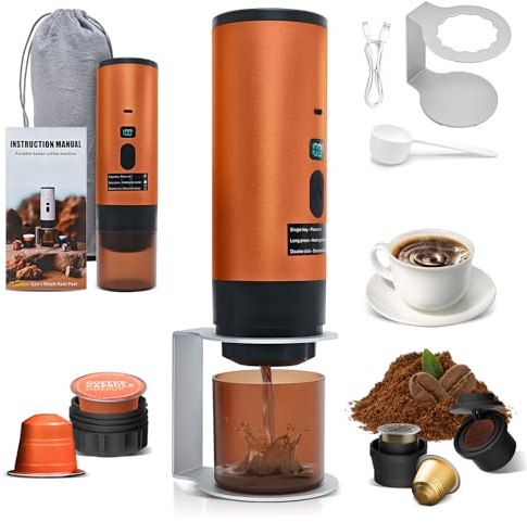 RoserRose Caffettiera Portatile, Macchina per Caffè Viaggio - Senza Fili & Auto-Riscaldante - Con Batteria 7800mAh, 15 Bar di Pressione - Compatibile con NS/DG/Caffè Macinato (Arancione)