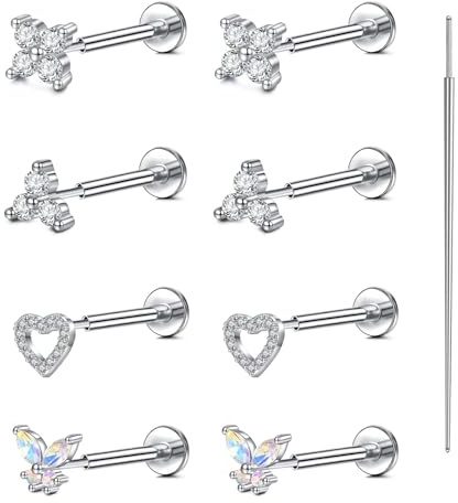 AVYRING 4 paia di orecchini da donna Flat Back – 20 G 8 mm acciaio inox push in spinta con cuore, fiori e farfalle, zirconi per elice, trago, conch e daith piercing gioielli, 8 Millimeter, Acciaio
