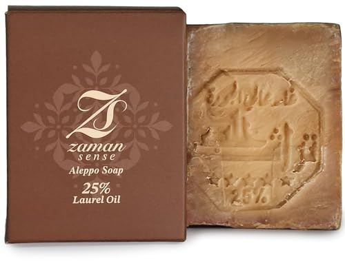 Savon d’Alep Original Zaman Sense – 25% Laurier & 75% Olive – Bloc de 200 g + Pochette en sisal – Savon naturel visage, corps & cheveux, vegan & sans parfum
