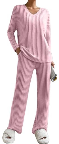 JENJON Donna Completo Tuta 2 Pezzi Completo a Maniche Lunghe Maglia Comode Pantaloni Dritti con Scollo a V Tuta Autunno Inverno