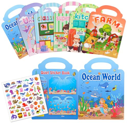 GSrenyu Lot de 6 livres d'autocollants réutilisables, livre d'autocollants 3D, livre d'histoires, éducatif, sensoriel, jouet de voyage pour enfants