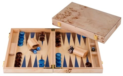 Backgammon Bois Luxe 15 Pouces 48 X 38 Cm - Ronce Noyer, Pions Bleu Brun | Jeu De Societe 2 Joueurs Avec 30 Pions, Des, Gobelets Et Regles - Valise Fermee 38 X 24 X 5,5 Cm, Coffret Marquete