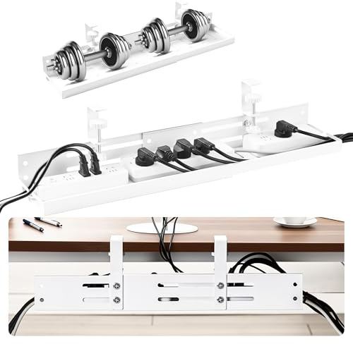 Retractable Under Desk Cable Management Tray No Drill, 43–76 cm Long Adjustable Wire Organiser with Clamp Mount, Cable Tidy for Office Workspace, Gaming/Standing Desk, White