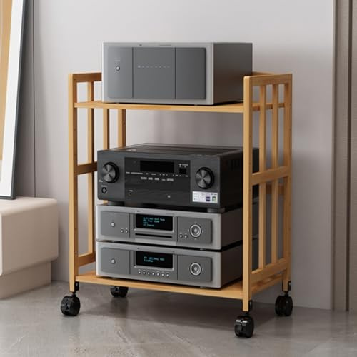 Justerbara Ljud- Och Bildhyllor, Justerbart 3/4-Vånings HiFi-Ställ med Låsbara Hjul, E1 Tjocka Trähyllor och Stålram, öppet Mediastativ för Stereo och Skivor(Beige,4-layer)