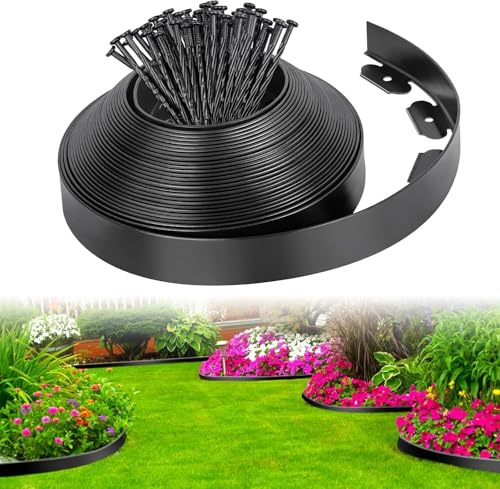 Borde de Jardín de Plástico Flexible Longitud 15 m, Altura 10 cm, con 75 Clavijas, Delimitador para Césped, Parterres y Caminos, Fácil de Instalar para Exterior - Negro