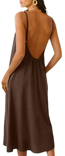 Vestido de Verano para Mujer Espalda Descubierta Vestido maxivestido Bohemio Plisado Largo con Abertura Lateral Tirantes Finos Monocolor Playa Ocio Algodon Lino Fresco Corte Suelto sin Mangas