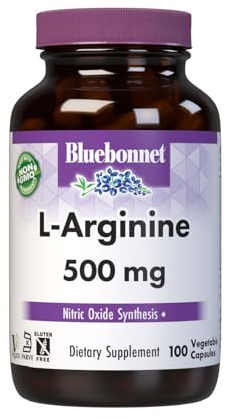 Bluebonnet Nutrition L-Arginine 500mg, Free-Form Amino Acid, Nitric Oxide Precursor*, Soy-Free, Gluten-Free, Non-GMO, Kosher Certified, Vegan, 100 Vegetable Capsules, 100 Servings, White