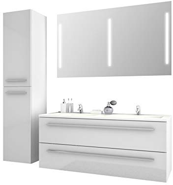 Jokey Libato – Juego de muebles de baño – 60 90 120 cm de ancho – Blanco o antracita brillante – Muebles de baño de doble lavabo con armario bajo espejo con iluminación y armario alto Sieper
