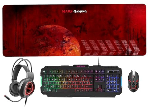 Mars Gaming MCPRGB2, 4-i-1 Gaming Combo med RGB Rainbow Tangentbord, 4000 DPI Flow Mus, XXL Musmatta och RGB Headset, 3.5mm Jack, Multiplattformskompatibilitet, Franskt AZERTY Språk