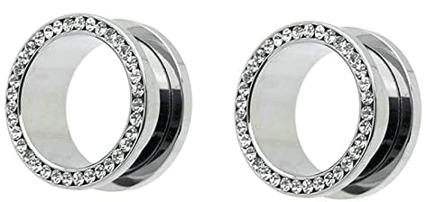 Ayoiow 2 Pezzo Dilatatori Lobo Acciaio Inossidabile, Plug Tunnel Orecchio 18mm con Zirconia Cubica Tunnel Orecchie Argento