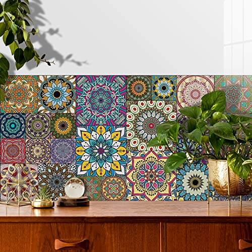 Tile Stickers for Kitchen DIY 28 pcs Bathroom Self Adhesive Tiles Stick On | Wall Waterproof Oil-Proof Art (15cm x 15cm, 6x6 inch,10cm,3.9inch,20cm,7.8inch) (Boho)