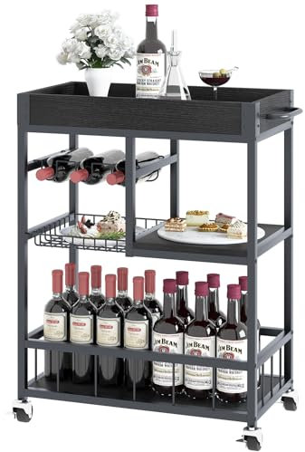 Bar Cart, 3 Tier Serving Trolley, Rolling Wine Trolley, Serving Cart with Iron Basket and Handle, Kitchen Storage Carts With Wheels, Tea Drink Trolley for Dining Living Room Bedroom Outdoor, Black