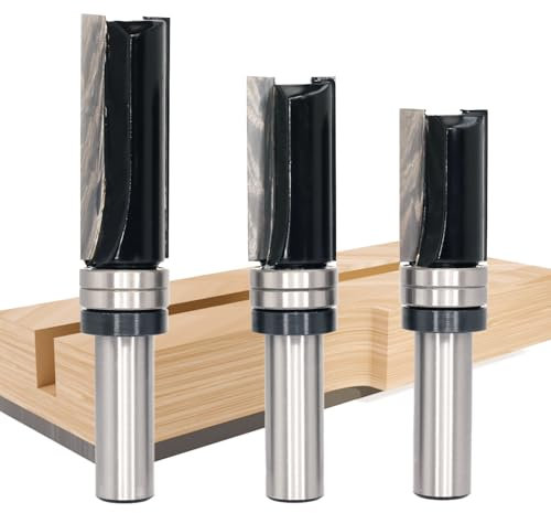 3PCS Flush Trim Router Bits, 1/2 Shank, Top Bearing Plunge Template Bit, 1-1/4,1-1/2 , 2 Cutting Length, Work for Flush Trimming, Making Duplicate Parts for Veneer or Laminates