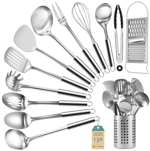 Pleafind 13 Pcs Kitchen Utensils Set - Stainless Steel Cooking Utensils Set with Utensil Holder, Heat Resistant & Nonstick Utensils Set, Metal Spatula Set for Chef, Dishwasher Safe