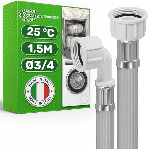 Tuyau Machine à Laver et Lave Vaisselle 1,5m pour Arrivee D'eau avec Soupapes Ø 3/4 Pression de 20 à 60 Bar pour Températures de 25°C - MADE IN ITALY - Garantie de 5 Ans - ONIX TECH