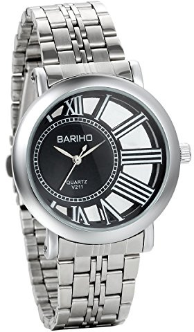 JewelryWe Herren Armbanduhr, Lieben Freundschaftsuhr, Einzigartig Edelstahl Analog Quarz Uhr mit Römischen Ziffern Zifferblatt, Schwarz Silber