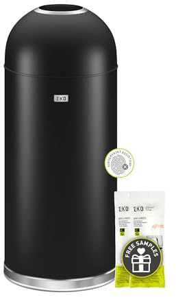 EKO Eternal 56L/15 Gallon Large Capacity Tall Commercial Trash Can, Round Open Top Waste Bin for Indoor and Outdoor, Black Steel Heavy-Duty, Durable Metal Garbage Bin for Home, Office, Restaurant