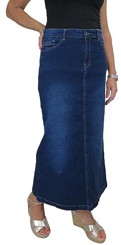Damen Maxi Long Jeans Rock Sehr Dehnbarer Denim Verblasstes Dunkelblau 36-48 (40)