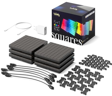Twinkly Squares Starter Kit, RGB LED Paneelen, Enthält 1 Hauptpaneel und 5 Erweiterungspaneele, Kompatibel mit HomeKit, Alexa und Google Home, Gaming- und Streaming-Lichter, 16M+ Farben