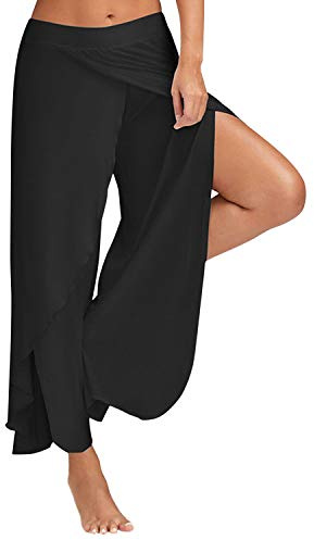 LAEMILIA Women High Split Cropped Yoga Pants Wide Leg Flowy Layered Palazzo Trousers Beach Cover-up Pants