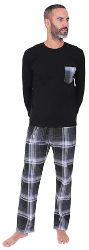 ThePyjamaFactory Mens Black Long Pyjama Set Checked Bottoms (Large)