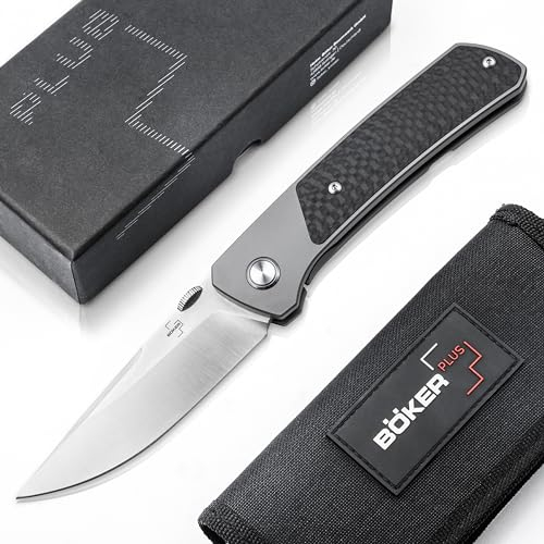 BÖKER PLUS® Conductor Folder Knife - Taschenmesser hochwertig mit scharfer S35VN Klinge - Premium Klappmesser mit Kohlefaser Griff & Clip - High End Outdoor Messer - EDC Einhand Profi Messer in Etui