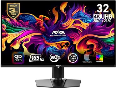 msi MAG 321UP QD-OLED 32-inch QD-OLED 3840 x 2160 (UHD) Computer Monitor, 165Hz, Adaptive-Synch, HDMI, Display Port, VGA Port, VESA Mountable, Tilt, Height Adjustable, Speaker, 0.03ms, Black