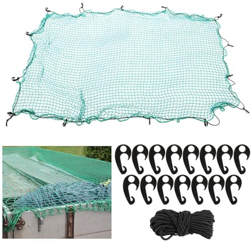 CYEER Cargo Net, Heavy Duty Truck Cargo Netting for Pickup Trucks, Trailer Luggage Net Truck and Roof Rack Cargo Net Tie-Down Mesh with 15 Hooks, Green, 2.7x3.7m