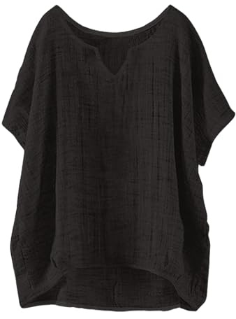 Uwdiohq Tee Shirt Femme, T-Shirt d'Été Grande Taille en Coton Lin à Manches Courtes Rétro Décontracté Respirant Chemise Légère Col en V Mode T-Shirt Élégant Section Basique Couleur Unie