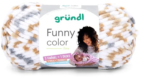 Gründl Wolle Funny color - weiche Chenille Wolle zum Häkeln - Kuschelig und hautfreundlich - 100% Polyester - 1 Knäuel 100 g / 120 m - Nadelstärke 5-6 - karamell-grau