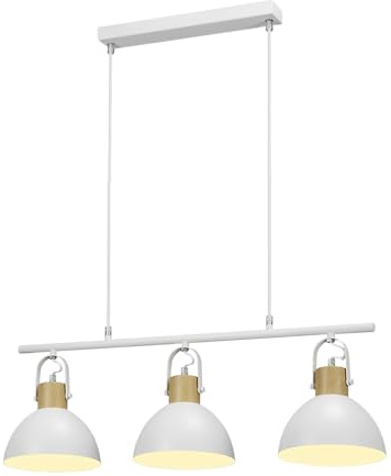 JR BRO Lámpara Colgante de Techo Industrial de 3 Luces E27, Pantallas Blancas con Detalles en Madera, Estilo Vintage Rústico para Cocina, Comedor, Isla o Barra (Blanco)