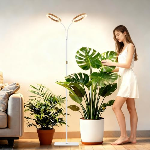 2 huvuden, växtlampa med stativ, växtlampa med fullt spektrum för inomhusväxter, automatisk timer, 6/12/18 H, 42–155 cm, Einstellbare Höhe für hohe Pflanzen(säker träkorn)